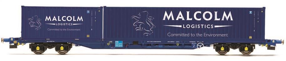 An excellent and detailed model of the KFA container flat wagon loaded with Malcolm Rail containers.