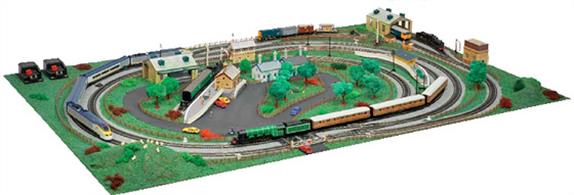 Hornby pre-printed track mat with twin oval layout plan, sidings and locomotive depot. A basic train set oval plus track packs A to F (R8222 to R8226) are used to complete this full layout, along with buildings packs 1 to 5 (R8227 to R8231).Mat size 1800 x 1200mm, approx 6ft x 4ft.