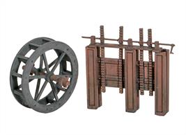 Ideal for detailing your river scenes these parts have been manufactured for Wills' Watermill kit, CK22. The waterwheel can be used to provide power any substantial riverside building, or simply left, abandoned. Many old waterwheels can be seen around the UK, sometimes left in place long after the mill they served had fallen into disrepair or even been demolished!Sluice Gates are found all over the British waterways network, controlling the water levels in rivers and ponds, allowing water flow into irrigation channels and alongside canals to allow the cut to be drained for repairs.