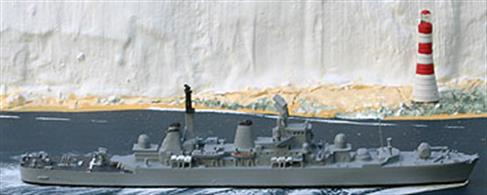 A 1/1250 scale model of HMS Bristol. A metal casting, assembled and painted waterline model of a Falklands veteran, still afloat today.Designed to escort the cancelled CAV-01 Fleet Carriers, Bristol was the only ship of her class to be completed. CAV-01 is available from Antics as a Mountford model.