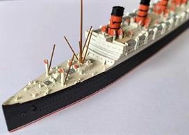 Aquitania is a second-hand, 1/1250 scale, metal, waterline model of Aquitania as turned out in 1914. This model is in excellent original condition but with decks painted whiteas were all early production models, see photograph. Aquitania was completed to provide Cunard with a three ship transatlantic service with Lusitania and Mauretania before the outbreak of the Great War. She survived two world wars and years of Atlantic crossings to become the last of the 4-funnelled liners to be scrapped in 1949.