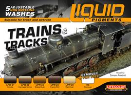 Tracks And Trains Liquid Pigment Weathering Set Of 5 22ml Acrylic Washes This set includes: LPW 21 Smoke LPW 22 Carriage Grime LPW 23 Brake Dust LPW 24 Frame Dirt LPW 25 Rail Dust RE Remover
