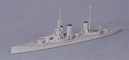 A 1/1250 scale metal model of HMS Lion in 1914 by Navis Neptun 124N.HMS Lion is modelled with a small tripod mast, ahead of the fore funnel, as carried from 1914. Early in the battle of Jutland, Lion was hit by a 12" shell from Hipper's flagship, Lutzow, that almost proved fatal.