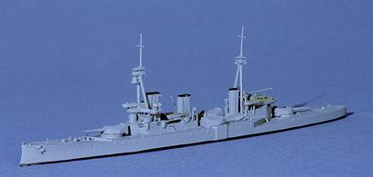 A 1/1250 scale metal model of HMS Invincible, the first battlecruiser. Completed not long after Dreadnought, before the Bellerophon class entered service, Invincible was used to test electric control of guns and turrets. She was later refitted with hydraulic control but the forefunnel was not raised until 1916 to conform with her sisters.