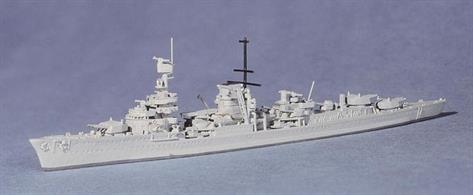 A 1/1250 scale second hand model of Leipzig by Navis Neptun 1041. The model is in excellent condition and only differs from new in that the shade of grey paint is slightly lighter than today's factory finish.Almost all the light cruisers were badly damaged during the Invasion of Norway and Leipzig was no exception. She never returned to front line duties, her torpedo tubes were put on Tirpitz and a boiler room was permanently out of commision. She became a school ship, static after being rammed by Prinz Eugen in the Baltic.