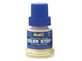 Revell Color Stop 39801 is a rubber-like mass applied with a paintbrush to mask areas or lines. Paint applied by brush or sprayed over the covered areas can then be peeled off with dried mass.