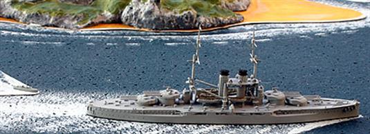 A 1/1250 scale model of Szent Istvan in 1917 by Navis Neptun 702N.Szent Istvan was sunk by the Italian torpedo boat, MAS 15 of Premuda Island in 1918. The spectacular capsize was filmed and is still shown today when documentary fim makers wish to show battleships sinking. The upturned hull model is available as a Coastlines model from Antics.