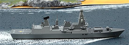 A 1/1250 scale waterline metal model of the lead and name ship of the RN's latest class of destroyers, the type 45, HMS Daring. The model is fully assembled and painted. Model length approx 12.3cm, width approx 1.7cm