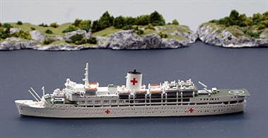 The School Ship, Uganda, was converted to a hospital ship to accompany the fleet to the South Atlantic. A helicopter landing pad was fitted to the quarterdeck and red crosses were painted up.