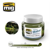 This product has been specifically formulated to realistically represent any kind of water, such as oceans, rivers, lakes, waterfalls and even icy surfaces. This reference has a color suitable to depict slow streaming rivers with large amounts of organic matter and silt.