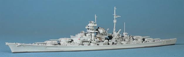 This model is painted pale grey. We also stock a version in Baltic camouflage. When Bismarck left Germany for the North Atlantic, she was painted in Baltic camouflage but the black and white stripes were painted out in Norwegian waters before she left for the Denmark Strait and the meeting with Hood and Prince of Wales.