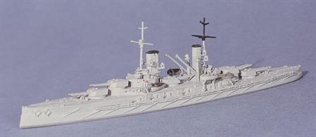 A 1/1250 scale metal model of the German battleship, Konig, that led the van of the High Seas Fleet at the Battle of Jutland and, as lead ship, suffered considerable damage when the Grand Fleet "crossed the T" of the German battle line twice. she arrived home safely after the battle and was repaired only to be scuttled In 1919 in Scapa Flow, Konig's wreck is still there.