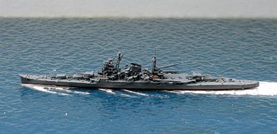 Suzuya is a 1/1250 scale, metal, waterline model of a Japanese heavy cruiser by Neptun 1231A. Originally built as a large light cruiser with 15x6" guns, the Mogami class Cruisers were modified to carry 10x8" guns, as modelled here. Mikuma and Mogami were similar to this model in 1942 at the Battle of Midway. Mikuma was sunk but Mogami was re-built as a seaplane carrying cruiser (see Neptun 1231).