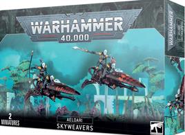 This box contains everything you need to make 2 Aeldari Skyweavers, each with a pilot and pillion rider.This multi-part plastic kit contains 84 components with which to make a 2 Aeldari Skyweavers. Also included are 2 large flying bases and a Aeldari transfer sheet.