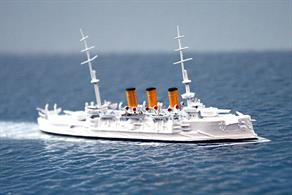 A 1/1250 scale model of a second-class Russian battleship, Oslyabia, from the pre-Dreadnought era.Those members of the Peresviet-class that survived the Russo-Japanese War were taken over by the Japanese and used in their Navy.