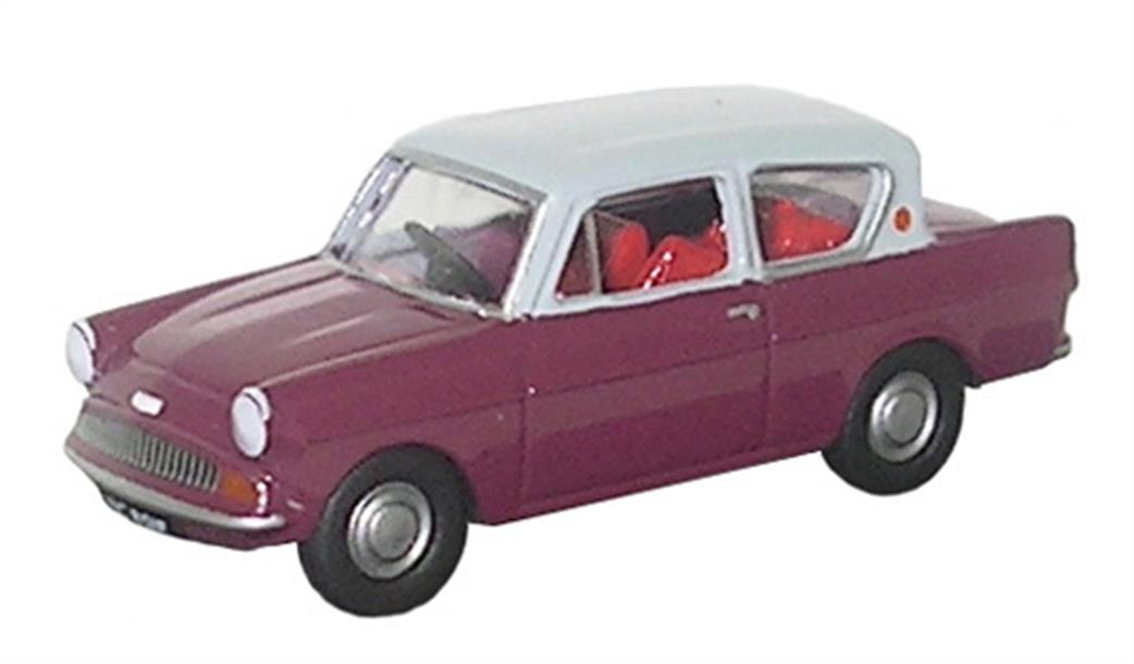 Oxford Diecast 1/76 76105002 Ford Anglia Car Maroon with Grey Roof