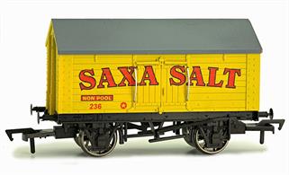 Featuring the distinctive peaked roof these vans were built to provide weather protection for cargo likely to be damaged by rain. Saxa Salt painted their wagons in the bright yellow scheme with red lettering to advertise their brand and products to passengers as their wagons travelled the rail network.Dapols' model is equipped with metal wheels for smooth running.