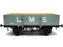 The British Railways standard design of 5 plank open merchandise wagon was adopted from the late LMS design wagons, fitted with robust steel panel ends. Being quite newly built wagons the LMS livery lasted into the early British Railways period.