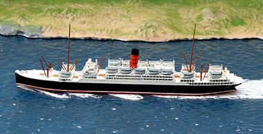 Scythia was a Cunard liner built in 1921 for the "Secondary Services" across the Atlantic from Britain to Canada and the United States. The model was made by Albatros, AL176. The model has been out of production for many years and this second-hand model is a superb example of a isharp casting with excellent paintwork in its original box dating from about 30 years ago when Albatros left the weather decks of his models in the overall primer (in this case white), see photograph.