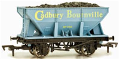 Dapol 4F-033-100 OO Gauge Cadbury Bourneville 24-Ton Coal Hopper WagonThe Cadbury company set up a modern chocolate factory at Bournville, Birmingham. To feed the furnaces the company invested in a small fleet of hopper wagons, greatly simplifying the emptying of wagons on arrival.This model is painted in the companys' usual light blue colour with yellow lettering.