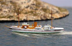The oldest Royal Yacht still in service! This is a new 1/1250 version released by Albatros in 2017 of the Royal Danish State Yacht. Already in 1932, the Danish people donated the DANNEBROG to their royal house. Today, it still serves Queen Margaret as a private and official residence. At the same time it is a naval vessel with its own command. Over time, the yacht has been constantly modernized. The model shows her current appearance. Loa: 78.43m, Speed 13.5 knots