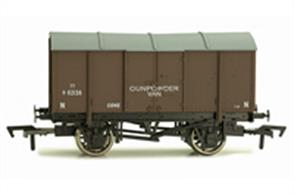Model of a standard type gunpowder van finished in Southern Railway livery.All-steel gunpowder vans were used to convey all forms to explosive and highly flammable materials, ranging from commercial blasting explosives for mining and quarrying to the various explosives used by the military for filling and firing ordnance.