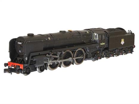 Detailed N gauge model of the first British Railways standard class 7MT 4-6-2 pacific locomotive 70000 Britannia, from which the class became widely know as the Britannias.Model finished in plain unlined black livery with early lion over wheel emblems.