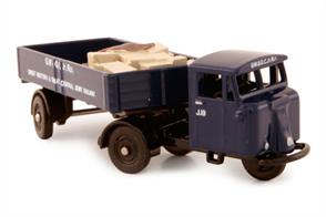 Fully painted diecast model of a Scammell Mechanical Horse with trailer in service with the Great Western and Great Central joint line delivery service.