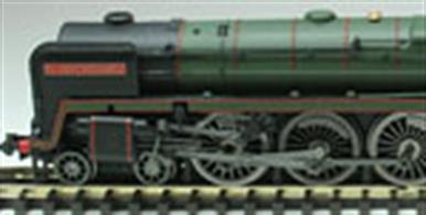Detailed N gauge model of British Railways Britannia class 7MT 4-6-2 pacific locomotive 70010 Owen Glendower finished in unlined green livery with the later lion holding wheel heraldic crests.