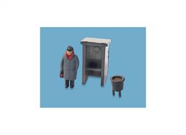 Pack contains Fogman, Hut and Brazier. A Fogman, when fog or snow reduced visibility, placed detonators on the rails ahead of signals or temporary speed restrictions imposed due to works etc. to provide additional warning to train drivers.