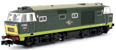 Detailed model of BR Western Region class 35 Hymek diesel hydraulic locomotive D7000 finished in the as-delivered two-tone green livery without warning panels.The Class 35 Hymek type 3 hydraulic locomotives built by Beyer Peacock were highly regarded, proving both reliable and highly capable in their intended secondary passenger and general goods service roles with sufficient reserve of power to keep heavier express passenger services on the move when necessary. The Dapol model is driven by a five-pole motor mounted in a heavy chassis block, providing power and weight for train hauling and steady running at slow speeds. The detailed bodyshell features flush cab glazing, separately fitted wire handrails, yellow glow marker lights and headcode illumination.
