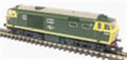 Detailed model of BR Western Region class 35 Hymek diesel hydraulic locomotive D7020 finished in two-tone green livery with full yellow ends.The Class 35 Hymek type 3 hydraulic locomotives built by Beyer Peacock were highly regarded, proving both reliable and highly capable in their intended secondary passenger and general goods service roles with sufficient reserve of power to keep heavier express passenger services on the move when necessary. The Dapol model is driven by a five-pole motor mounted in a heavy chassis block, providing power and weight for train hauling and steady running at slow speeds. The detailed bodyshell features flush cab glazing, separately fitted wire handrails, yellow glow marker lights and headcode illumination.