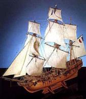 The corvette Le Tonnant was a late 18th century French privateer and was typical of this class of ship. Carrying a large area of sail and highly armed with small calibre guns these ships, unlike pirate ships, flew their national flag. This ship should not be confused with the larger 80 gun ship of the same period also named Le Tonnant that was sunk at Abukir in 1798.Plank on bulkhead assembly uses pre-cut plywood. All fittings are finished and ready to use, some parts must be cut from wood supplied. Bow and stern fillers assure correct hull shape, and double planking is done in limewood and walnut.Brass figurehead, stern ornamentation and photo-etched brass parts are intricately detailed. Armament consists of a full set of cast metal cannon, ranging in size from 11 to 30 millimeters. kit is complete with cannon carriages as needed, gun port lids, silk screened flags, five diameters of rigging line, plans, illustrated instructions.Scale 1:50, Length: 860mm.Skill Level 4