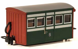 Detailed model of the Festiniog Railway 'Bug Box' first class coach. A typical early Victorian era design of 4-wheel narrow gauge coach.Early preservation era green livery.
